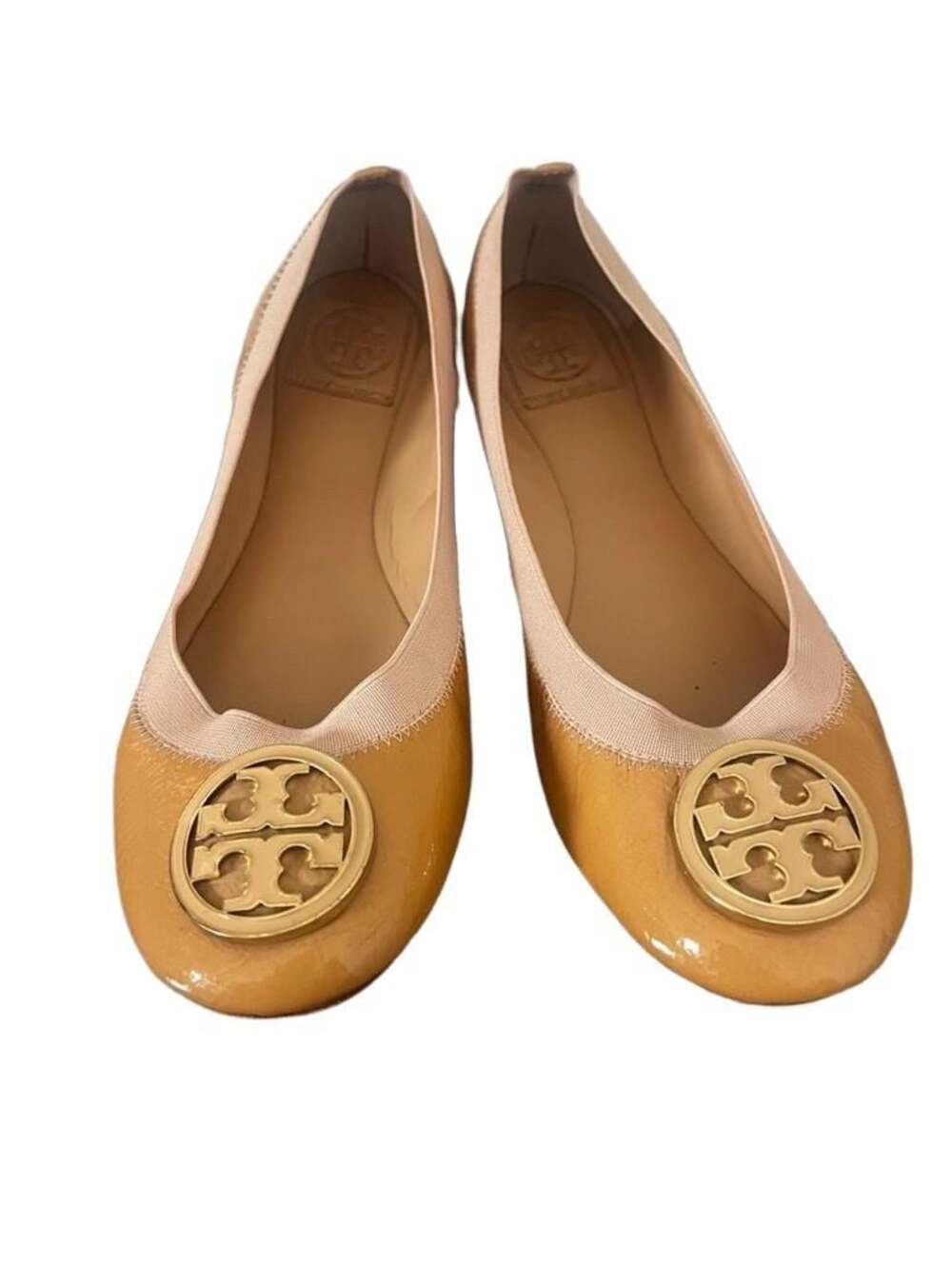 Tory Burch Women's Caroline Patent Leather Logo Ballet Flats Tan Size 9M